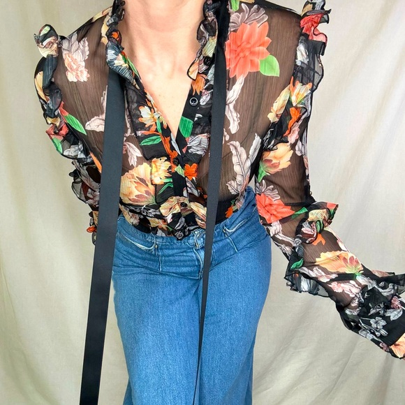Jade & Cloud Sheer Button up Floral, Ruffle Black Bodysuit,  Size Small - Picture 8 of 15